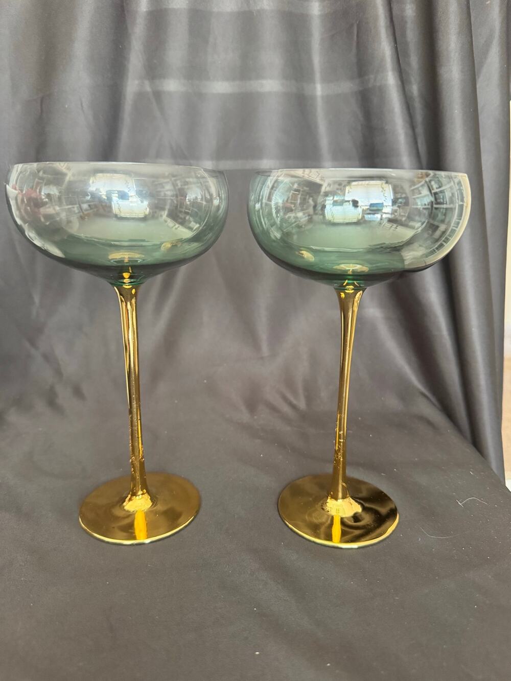 Set of 2 Anthropologie Coupe Champagne Martini Glasses Green with Gold Stems